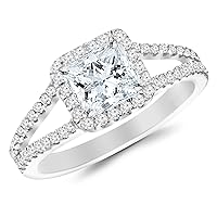 GIA Certified 1 Carat Princess Cut/Shape 14K White Gold Split Shank Double Row Halo Diamond Engagement Ring with a 0.7 Carat, H Color, VVS2 Clarity Center Stone