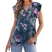 Trendy Tops for Women 2024 Vintage Elegant Floral Printed Casual Shirts Sexy V Neck Ruffle Short Sleeve Boho Top