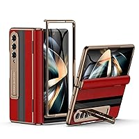 for Samsung Galaxy Z Fold 4 Phone Case [Luxury Premier Genuine Leather][Full Body Hinge Protection][Built-in Screen Protector][Kickstand Drop Proof Protective Cover] for Z Fold4 (Red)