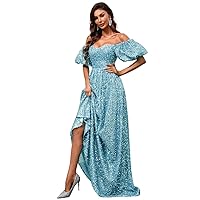 Dresses for Women - Off Shoulder Puff Sleeve Sequin Dress (Color : Mint Blue, Size : X-Small)