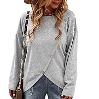 Spring Women's Casual Long Sleeve T-Shirt Round Neck Solid Color Button T-Shirt Irregular Hem Clothing Camisole