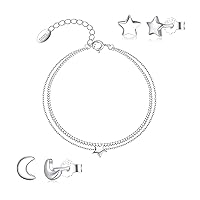 CHIC & ARTSY 925 Sterling Silver Star Layered Anklet Bracelet Moon Star Stud Earrings Set for Women Sister Gifts