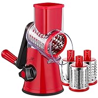 Rotary Cheese Grater with Handle - 3 in 1 Cheese Shredder Rotary Grater Stainless Steel Handheld, Vegetable Slicer for Fruit, Cheese, Nuts(Red)