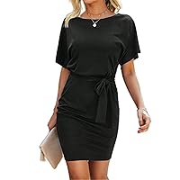 Solid Batwing Sleeve Belted Fitted Dress