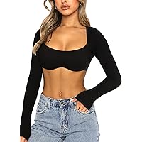 Navneet Women Long Sleeve Crop Tops Going Out Top Ribbed Corset Tops Square Neck Club Party Fall Tee Shirts