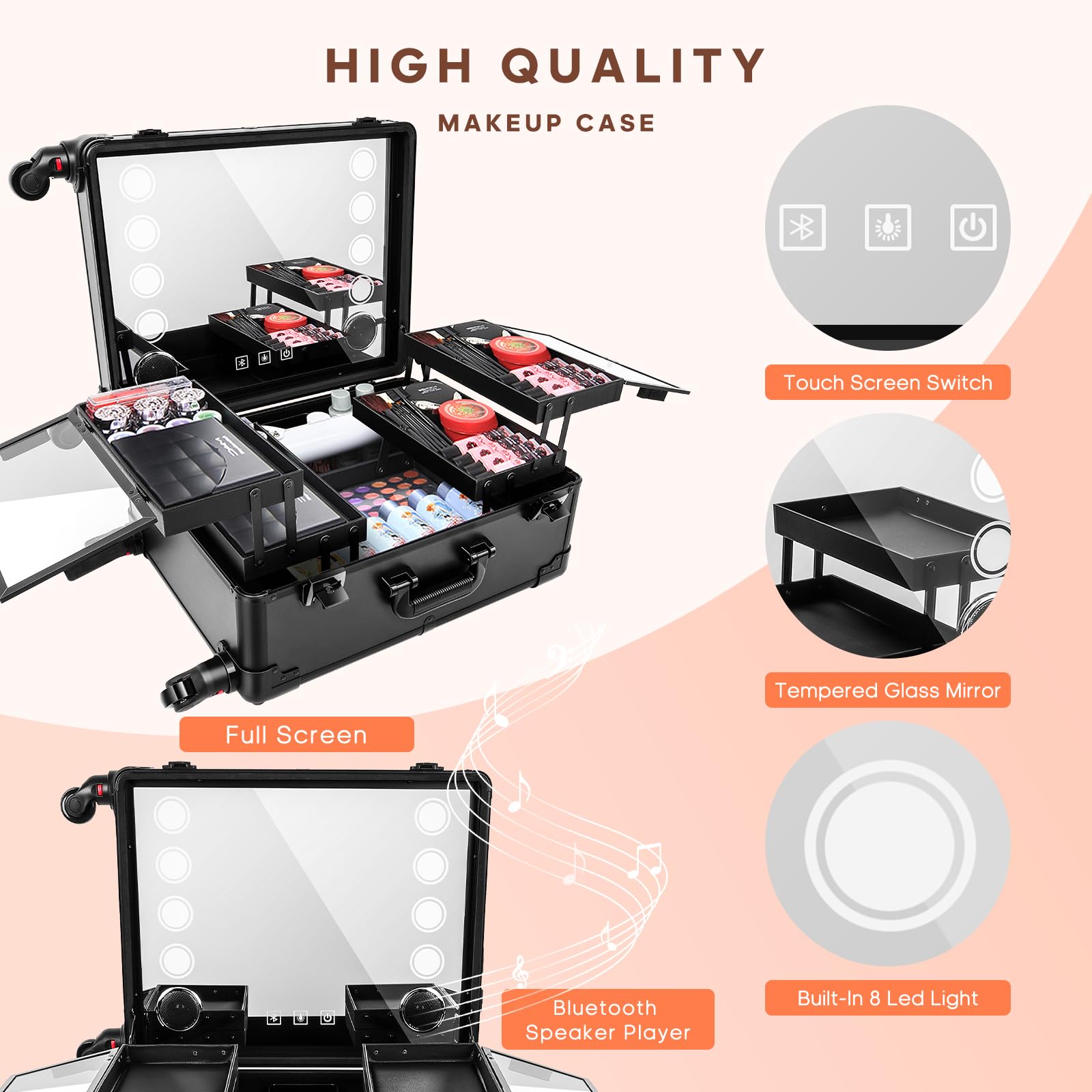 FAHKNS Aluminum Trolley Makeup Train Case with LED Light Professional Cosmetic 21'' Make up Cosmetic Organizer Studio with Speaker Stand Rolling Lighted Makeup Vanity Station 3 Shades of Light (Black)