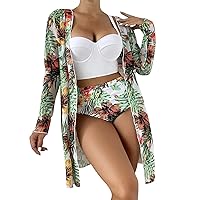 Swimsuit with Underwire Bra Open Front Beach Bikini Swimsuit Kimono Cardigan Cover Up Long Flowy Beachwear