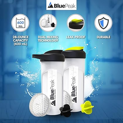 BluePeak Protein Shaker Bottle 28 oz with Dual Mixing Technology, Strong Loop Top, BPA Free, Shaker Balls & Mixing Grids Included - On-The-Go Large Protein Shakers (2 Pack - Yellow & Black)