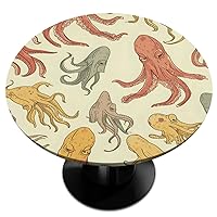 Round Fitted Tablecloth with Elastic Edge Watercolor Cartoon Squid Washable Spill Proof Round Table Cloth for Kitchen Dining Wedding Party Picnic Indoor Outdoor Patio Fits 36-42 Inch Tables
