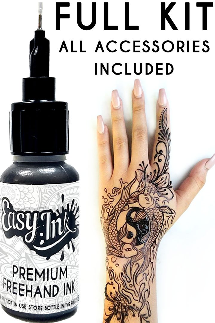 Easy.ink - Freehand Ink, Premium Quality Temporary Tattoo Ink Full Kit, Natural & Long Lasting (Organic Jagua fruit Based Ink/Gel), No Added Chemicals. Black/Dark Blue. Semi-Permanent Tattoo Ink 0.5oz