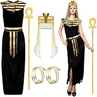 5 Pcs Halloween Egyptian Queen Costume for Women Set Egyptian Dress Headpiece Snake Bracelets and Egyptian Staff