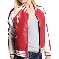Women’s Red Genuine Sheepskin Bomber Leather Jacket With Rib Knit Collar, White Stripes MotoRacer Flair