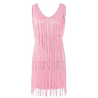 Pink Sequin Dress,Womens Tassel Dress Sexy V Neck Fringe Dresses Sleeveless Flapper Mini Dress Sequin Deep V Fo