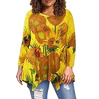 JooMeryer Womens Plus Size T-shirts Van Gogh Starry Night Long Sleeve Irregular Hem Tunic Shirts
