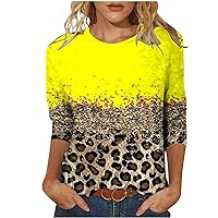 Women Color Block Leopard 3/4 Sleeve Casual Tee Tops Summer Crewneck Trendy Loose Fit Funny T-Shirts for Going Out
