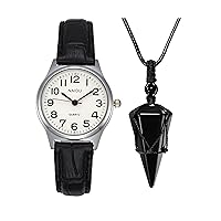 MANIFO Women’s Classical Arabic Numerals Analog Quartz Wrist Watch Bundle with Black Obsidian Crystal Gemstone Faceted Point Pendant Necklace