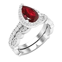 Dazzlingrock Collection 9X6 MM Pear Lab Created Gemstone and 0.78 Carat (ctw) Round White Diamond Halo Alternating Marquise and Circle Wedding Ring Set for Women | 925 Sterling Silver