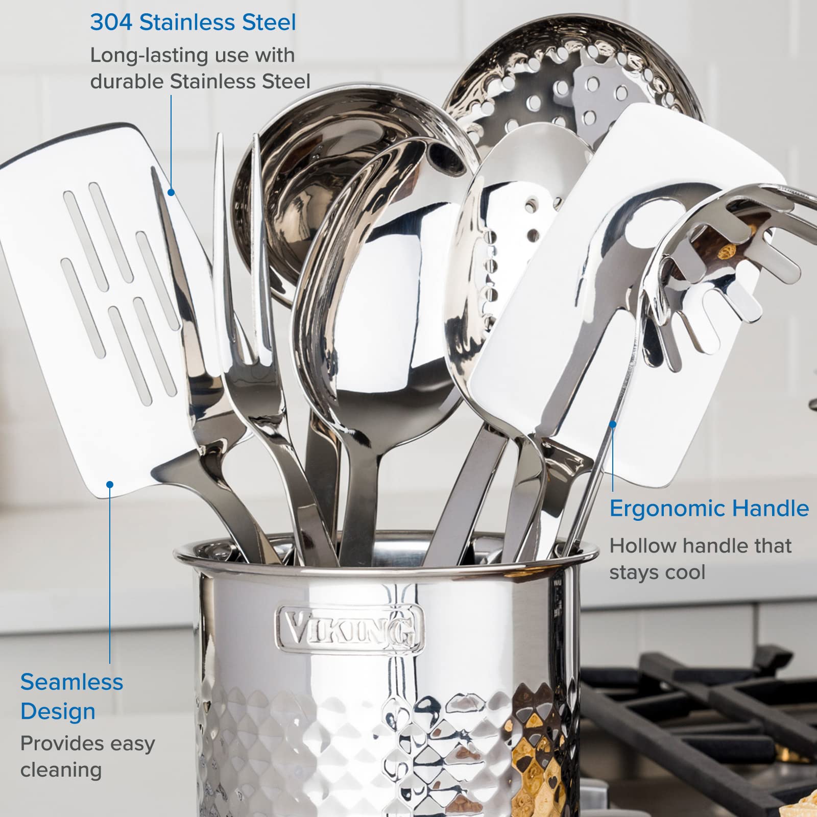 Viking Culinary 304 Stainless Steel Kitchen Utensil Set, Ergonomic Stay-Cool Handles, Dishwasher Safe, Silver, 8 Piece