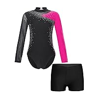 Long Sleeve Leotard for Girls Gymnastics Dance Sparkle Ballet Unitard Skating Bodysuit Girl Tumbling Outfit with Shorts