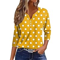 Womens 3/4 Sleeve Blouse Button Down Summer Tops V Neck T Shirts Henley Blouses Three Quarter Sleeve Tops Clothes