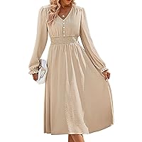 Womens V Neck Long Sleeve Dress Slim Fit Solid Color A-Line Maxi Dresses