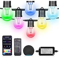 Outdoor String Lights, 49Ft Smart RGBW LED Patio Lights Work with Alexa, App & Remote, Color Changing Party Lights with 15 Shatterproof LED Bulbs, IP65 Waterproof LED Lights for Outside Indoor Bedroom