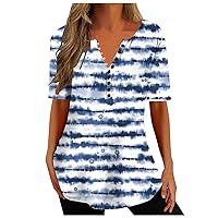 Womens Floral Print Tunic Tops 1/2 Button Up Short Sleeve Dressy Blouses Pleated Flowy T Shirt Casual Cute Tees