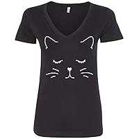 Threadrock Women's White Kitty Cat Face V-Neck T-Shirt
