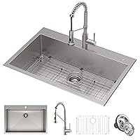 Kraus KCA-1102 Stark Dual Mount Drop Sink and Pull-Down Commercial Kitchen Faucet Combo in Stainless Steel Finish, 33