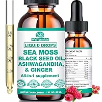 Organic Sea Moss Black Seed Oil Ashwagandha Ginger, Liquid Drops for Multimineral Sea Moss 3000mg Black Seed Oil 6X Stronger Seamoss Raw -Immune System Thyroid Gut Skin Thyroid & Energy