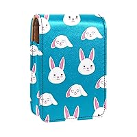 Rabbit Blue Lipstick Case With Mirror Lip Gloss Holder Portable Lipstick Storage Box Travel Makeup Bag Mini Leather Cosmetic Pouch Holds 3 Lipstick