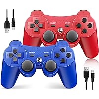 OKHAHA Controller for PS3 Controller Wireless for Sony Playstation 3 Controller, Double Shock 3, Rechargeable, Motion Sensor, Remote for PS3, 2 USB Charging Cords, 2 Pack, Stripes, Blue + Red