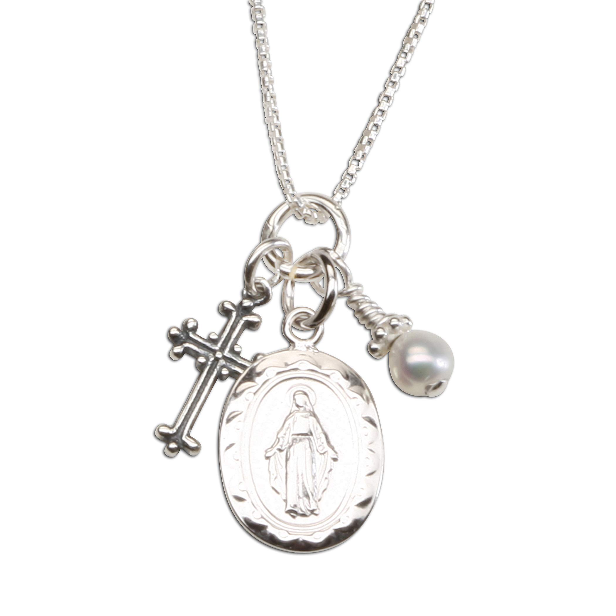 Girl's Sterling Silver Miraculous Necklace or Miraculous Cluster Necklace with Cultured Pearl and Cross
