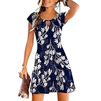 Women's Summer Dress Cap Sleeve Front Keyhole Scoop Neck Sundress 2024 Beach Casual Floral T-Shirt Dress