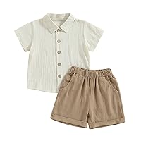 Toddler Baby Boy Summer Outfit Cotton Linen Short Sleeve Button Down Shirt Elastic Waist Shorts 2Pcs Casual Clothes