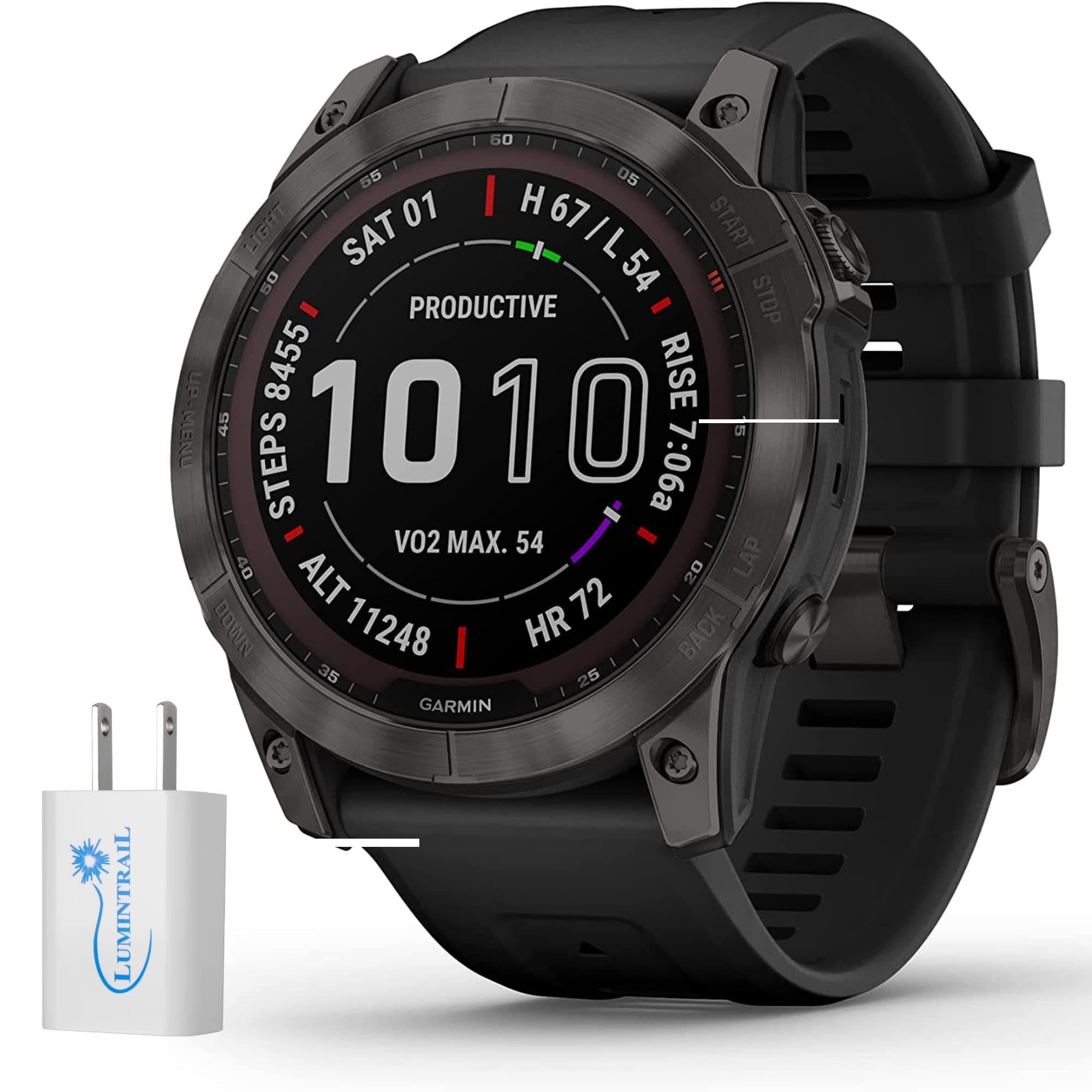 Lumintrail Garmin Fenix 7X Sapphire Solar Edition Smart Watch, Large 51 MM Adventure Smartwatch, Rugged Outdoor Watch with GPS, Touchscreen, Carbon Gray DLC Titanium with Black Band, with a Wall Plug