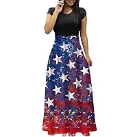 Fourth of July Dresses for Women Plus Size Elegant Dresses for Women American Flag Print A Line Patriotic Dresses Short Sleeve Round Neck Tunic Dresses Dark Blue 3X-Large