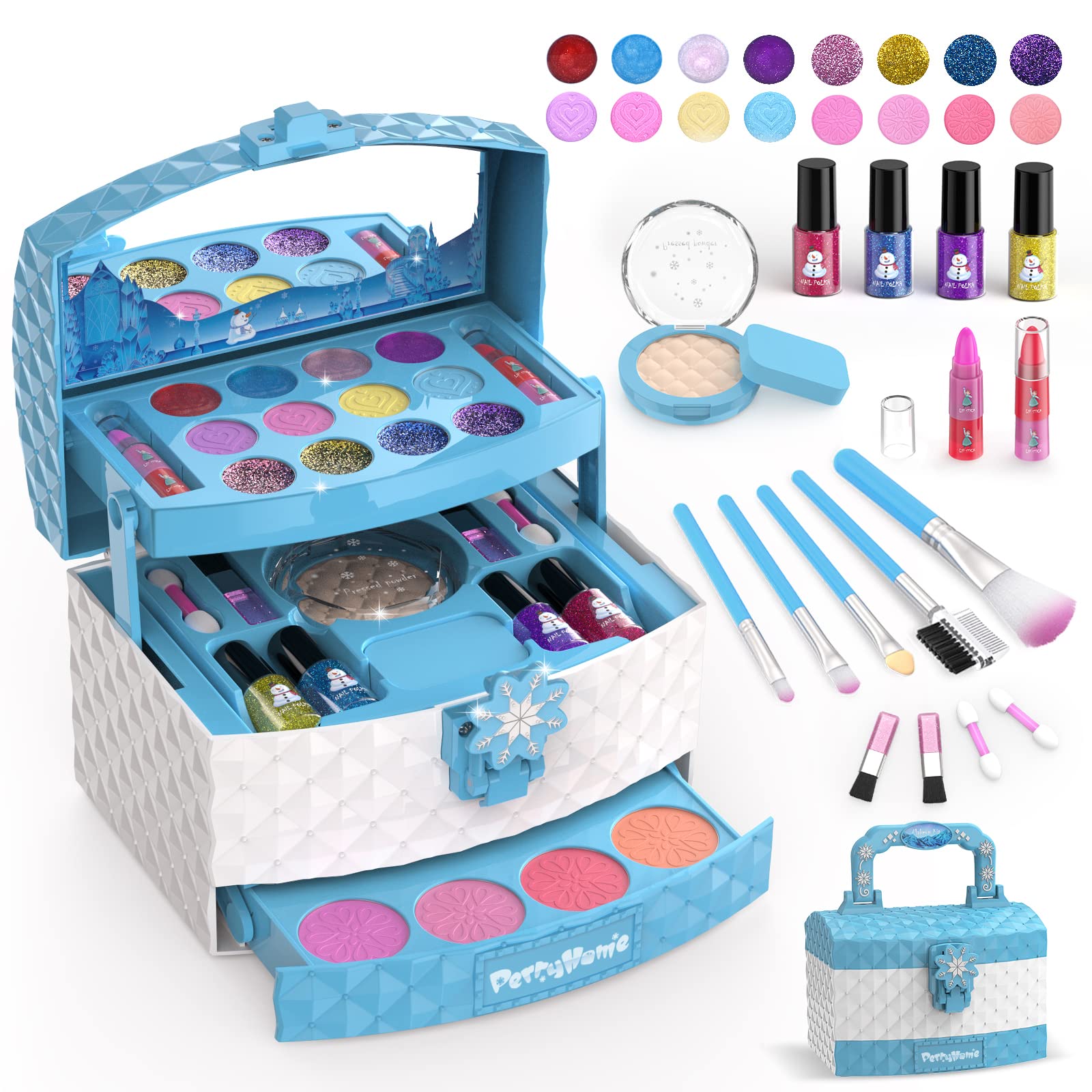 PERRYHOME Kids Makeup Kit for Girl 35 Pcs Washable Real Cosmetic, Safe & Non-Toxic Little Girl Makeup Set, Frozen Makeup Set for 3-12 Year Old Kids Toddler Girl Toys Birthday Gift (Soft Blue)