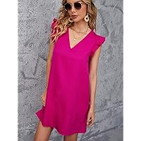 Summer Dresses for Women 2022 Ruffle Armhole Solid Tunic Dress (Color : Hot Pink, Size : XS)