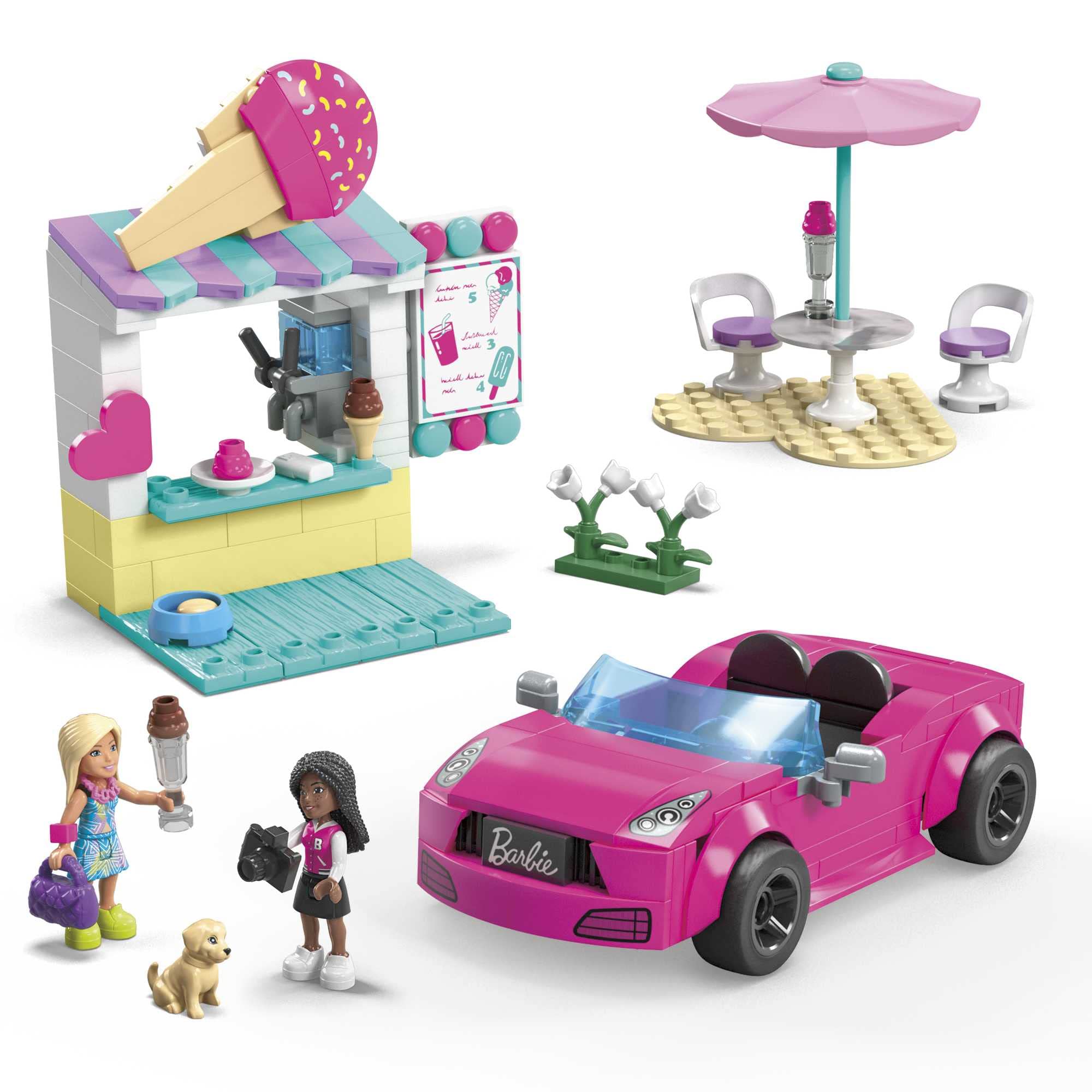 Barbie MEGA Barbie Car Building Toys Playset, Convertible & Ice Cream Stand With 225 Pieces, 2 Micro-Dolls and Accessories, Pink, Gift Ideas For Kids