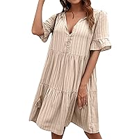 EFOFEI Women's Summer Tie Dress V-Neck Casual Button Down Dress Ruffle Sleeves Loose Swing Dresses