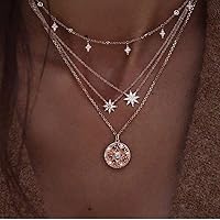 DoubleNine Multilayer Necklace Sun Star Golden Crescent Pendant Gold Medal Sequins Women Crystal Necklace Layered Delicate Collar Women Girls Bride Jewelry