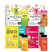 KAYFOOD Premium Daily Sevenberry Kombucha Tea 20 sticks +Leomon Kombucha Tea 20 + Lemonade Premium Korean Green Tea 20 sticks + Peach Oolongade Premium Oolong Tea & Peach 20 sticks with 4 Bottles.