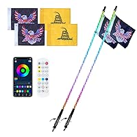 2 PCS 4 FT Whip Light, APP & RF Remote Control Led Whip Light, Waterproof 360° Spiral RGB Chasing Lighted Whips with 4 Flags, for UTVs, ATVs, Motorcycles, RZR, Can-am, Trucks, Off-Road, Go-Karts