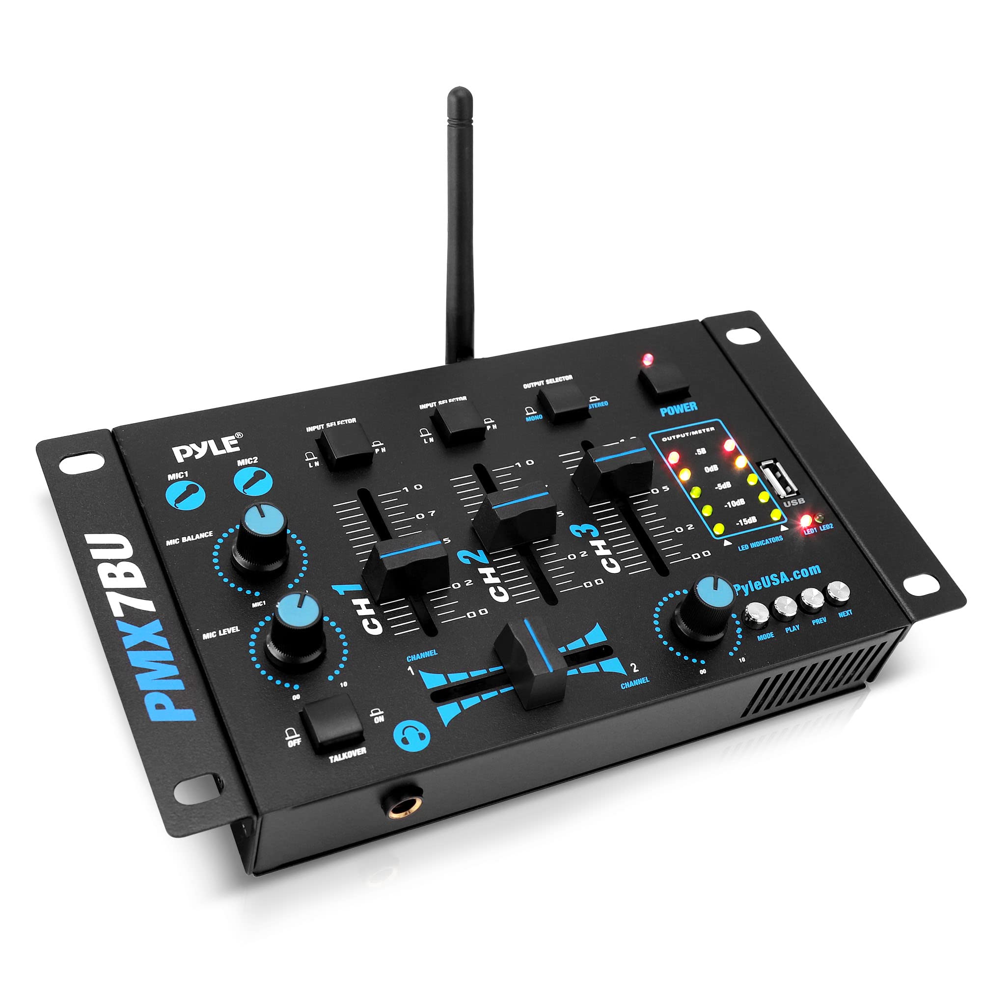 Pyle, 3 Wireless Audio Machine-3 Channel Bluetooth Compatible DJ Controller Sound Mixer System with Mic-Talkover, USB Reader, Dual RCA Phono/Line in, Microphone Input, Headphone Jack PMX7BU,Black