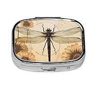Dragonfly On Sunflower Print Pill Box Square Metal Pill Case with 2 Compartment Portable Mini Pill Organizer Cute Pill Container for Pocket Purse Office Travel