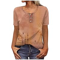 Women's New Button V-Neck Fashion Print Short Sleeve Retro Print T-Shirt Slim Top Casual Loose Comfortable Tops