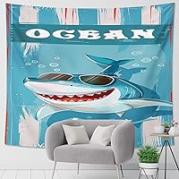Ocean Shark Tapestry Vintage Oil Paint Retro Funny Fish Blue Polyester Hanging Decorative One Piece Flag Wall Prints Club Decor Living Room Small Tapestry Bedroom Decor Aesthetic 80x60Inch