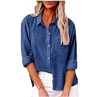 Sales Today Clearance Prime Cotton Linen Button Down Shirts for Women Long Sleeve Collared Work Blouse Trendy Loose Fit Summer Tops with Pocket
