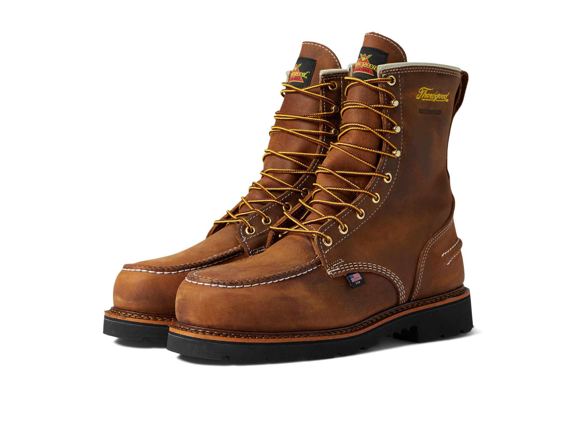 Thorogood 1957 Series 8” Waterproof Steel Toe Work Boots for Men - Full-Grain Leather with Moc Toe, Slip-Resistant Heel Outsole, and Comfort Insole; EH Rated